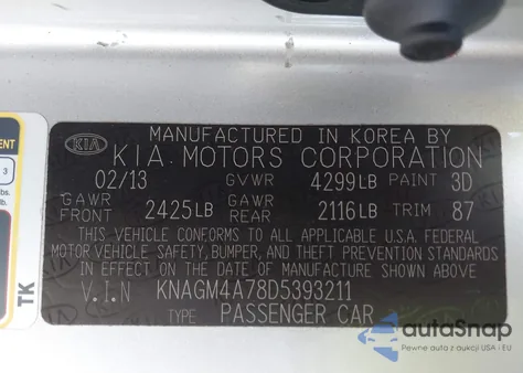 2013 Kia Optima Lx из США, поврежденный, VIN KNAGM4A78D5393211